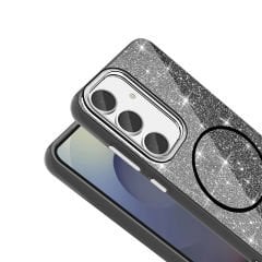 Samsung Galaxy S23 FE Kılıf Magsafe Şarj Özellikli Parlayan Simli Okso Kapak