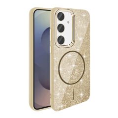 Samsung Galaxy S23 FE Kılıf Magsafe Şarj Özellikli Parlayan Simli Okso Kapak