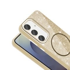 Samsung Galaxy S23 FE Kılıf Magsafe Şarj Özellikli Parlayan Simli Okso Kapak