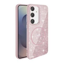 Samsung Galaxy S24 FE Kılıf Magsafe Şarj Özellikli Parlayan Simli Okso Kapak