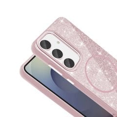 Samsung Galaxy S24 FE Kılıf Magsafe Şarj Özellikli Parlayan Simli Okso Kapak