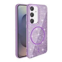 Samsung Galaxy S24 FE Kılıf Magsafe Şarj Özellikli Parlayan Simli Okso Kapak