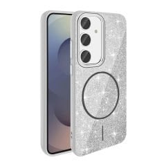 Samsung Galaxy S24 FE Kılıf Magsafe Şarj Özellikli Parlayan Simli Okso Kapak