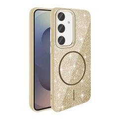 Samsung Galaxy S24 FE Kılıf Magsafe Şarj Özellikli Parlayan Simli Okso Kapak