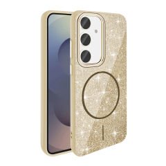 Samsung Galaxy S24 FE Kılıf Magsafe Şarj Özellikli Parlayan Simli Okso Kapak