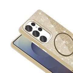 Samsung Galaxy S25 Ultra Kılıf Magsafe Şarj Özellikli Parlayan Simli Okso Kapak