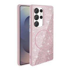 Samsung Galaxy S25 Ultra Kılıf Magsafe Şarj Özellikli Parlayan Simli Okso Kapak