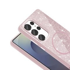 Samsung Galaxy S25 Ultra Kılıf Magsafe Şarj Özellikli Parlayan Simli Okso Kapak