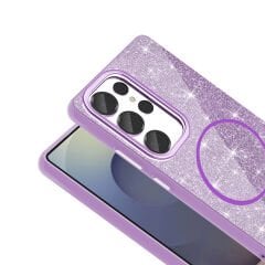 Samsung Galaxy S25 Ultra Kılıf Magsafe Şarj Özellikli Parlayan Simli Okso Kapak