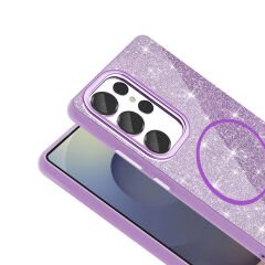 Samsung Galaxy S25 Ultra Kılıf Magsafe Şarj Özellikli Parlayan Simli Okso Kapak