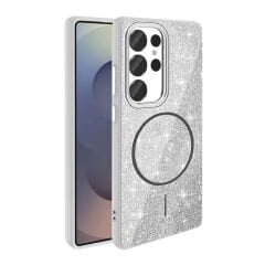 Samsung Galaxy S25 Ultra Kılıf Magsafe Şarj Özellikli Parlayan Simli Okso Kapak