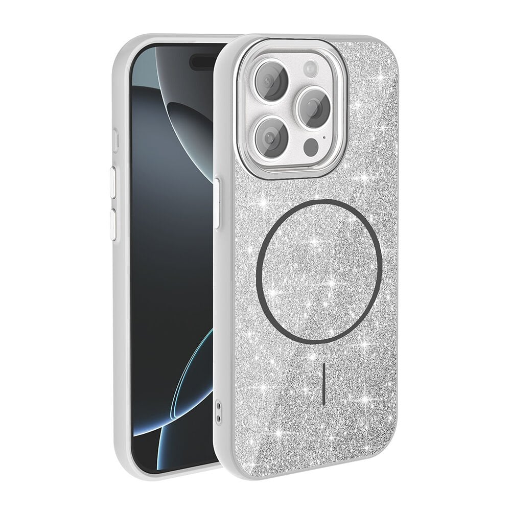 iPhone 15 Pro Kılıf Magsafe Şarj Özellikli Parlayan Simli Okso Kapak