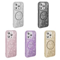 iPhone 15 Pro Kılıf Magsafe Şarj Özellikli Parlayan Simli Okso Kapak