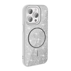 iPhone 15 Pro Kılıf Magsafe Şarj Özellikli Parlayan Simli Okso Kapak