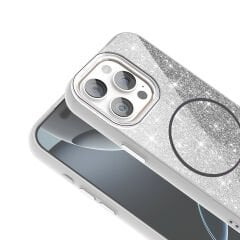 iPhone 15 Pro Kılıf Magsafe Şarj Özellikli Parlayan Simli Okso Kapak