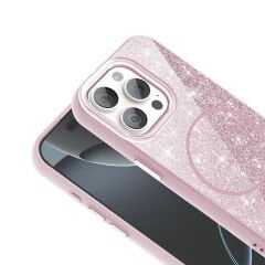 iPhone 15 Pro Kılıf Magsafe Şarj Özellikli Parlayan Simli Okso Kapak