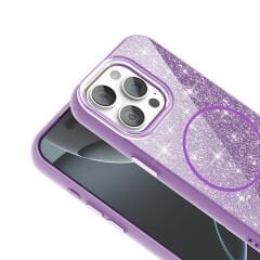 iPhone 15 Pro Kılıf Magsafe Şarj Özellikli Parlayan Simli Okso Kapak