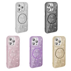 iPhone 15 Pro Max Kılıf Magsafe Şarj Özellikli Parlayan Simli Okso Kapak