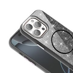 iPhone 15 Pro Max Kılıf Magsafe Şarj Özellikli Parlayan Simli Okso Kapak