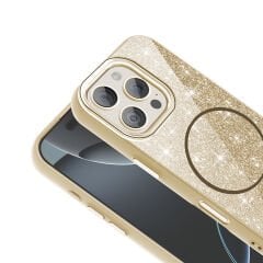 iPhone 16 Pro Max Kılıf Magsafe Şarj Özellikli Parlayan Simli Okso Kapak