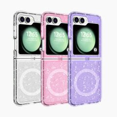Samsung Galaxy Z Flip 6 Kılıf Magsafe Şarj Özellikli Parlayan Simli Saydam Renkli Allstar Kapak Pembe