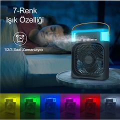 Mini Hava Soğutucu, Taşınabilir Hortumsuz Portatif Klima, Mobil Sulu Klima, 3 Rüzgar Hızı, 3 Sis Modu, Taşınabilir Buzlu Vantilatör 5 Sprey Delikli ile Renkli LED Işıklı Siyah Renk