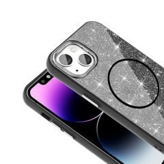 iPhone 13 Kılıf Magsafe Şarj Özellikli Parlayan Simli Okso Kapak