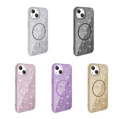 iPhone 14 Kılıf Magsafe Şarj Özellikli Parlayan Simli Okso Kapak