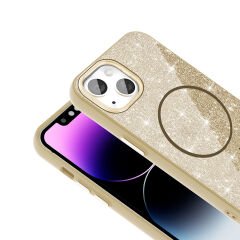 iPhone 14 Kılıf Magsafe Şarj Özellikli Parlayan Simli Okso Kapak
