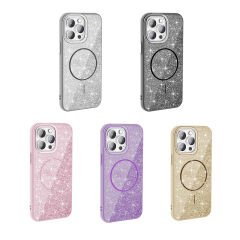 iPhone 14 Pro Max Kılıf Magsafe Şarj Özellikli Parlayan Simli Okso Kapak