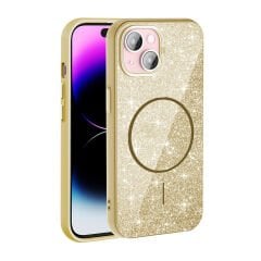 iPhone 15 Kılıf Magsafe Şarj Özellikli Parlayan Simli Okso Kapak