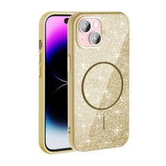 iPhone 15 Kılıf Magsafe Şarj Özellikli Parlayan Simli Okso Kapak