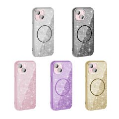 iPhone 15 Kılıf Magsafe Şarj Özellikli Parlayan Simli Okso Kapak