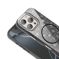 iPhone 16 Pro Kılıf Magsafe Şarj Özellikli Parlayan Simli Okso Kapak