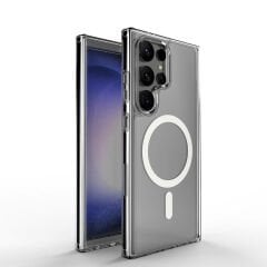 Samsung Galaxy S24 Ultra Kılıf Magsafe Şarj Özellikli Şeffaf Sert PC Embos Kapak