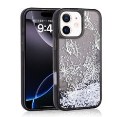 iPhone 11 Kılıf Sıvılı Simli Kelebek Baskılı Şeffaf Arka Yüzey Glis Silikon Kapak