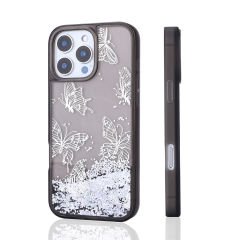 iPhone 12 Pro Kılıf Sıvılı Simli Kelebek Baskılı Şeffaf Arka Yüzey Glis Silikon Kapak