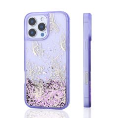 iPhone 12 Pro Kılıf Sıvılı Simli Kelebek Baskılı Şeffaf Arka Yüzey Glis Silikon Kapak