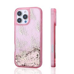iPhone 12 Pro Kılıf Sıvılı Simli Kelebek Baskılı Şeffaf Arka Yüzey Glis Silikon Kapak