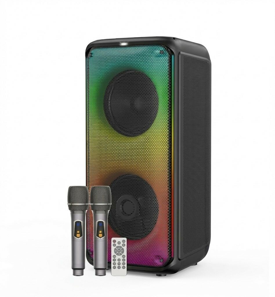 1908 Çift 8'' Bluetooth Karaoke Hoparlör -Çift Kablosuz Mikrofonlu Kumandali Full RGB İşikli Speaker USB/AUX/TF