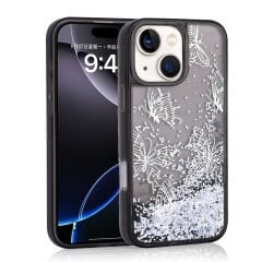 iPhone 13 Kılıf Sıvılı Simli Kelebek Baskılı Şeffaf Arka Yüzey Glis Silikon Kapak