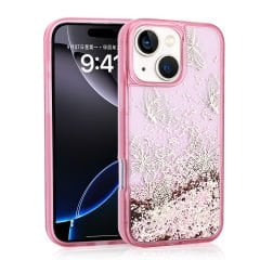 iPhone 14 Kılıf Sıvılı Simli Kelebek Baskılı Şeffaf Arka Yüzey Glis Silikon Kapak