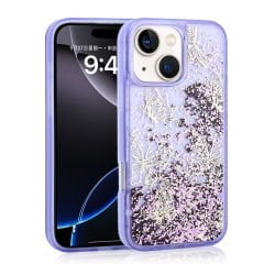 iPhone 14 Kılıf Sıvılı Simli Kelebek Baskılı Şeffaf Arka Yüzey Glis Silikon Kapak