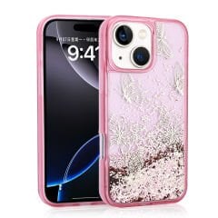 iPhone 15 Kılıf Sıvılı Simli Kelebek Baskılı Şeffaf Arka Yüzey Glis Silikon Kapak