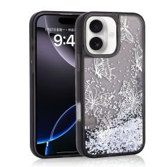 iPhone 16 Kılıf Sıvılı Simli Kelebek Baskılı Şeffaf Arka Yüzey Glis Silikon Kapak