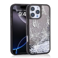 iPhone 16 Pro Max Kılıf Sıvılı Simli Kelebek Baskılı Şeffaf Arka Yüzey Glis Silikon Kapak