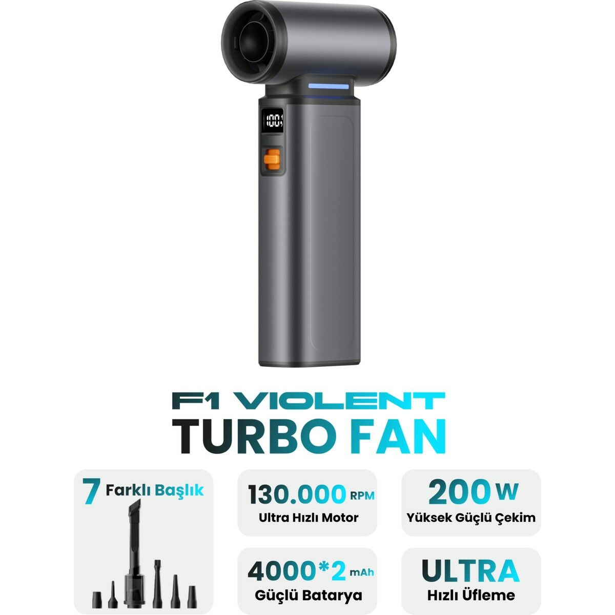F1 Violent Turbo Jet Fan 130000RPM Ultra Güçlü Motor Güçlü Vakum 4000MAH Bataryalı Üflemeli