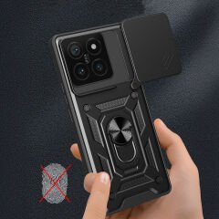 Xiaomi 14T Pro Kılıf Magnetik Standlı Kamera Korumalı Sürgülü Vega Kapak Siyah