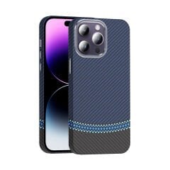 iPhone 14 Pro Max Kılıf Kablosuz Şarj Özellikli Karbon Fiber Görünümlü Gros Kapak