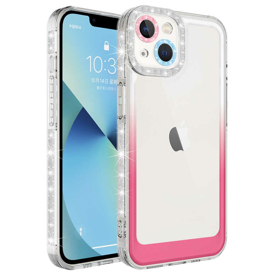 iPhone 14 Kılıf Simli ve Renk Geçiş Tasarımlı Lens Korumalı Park Kapak